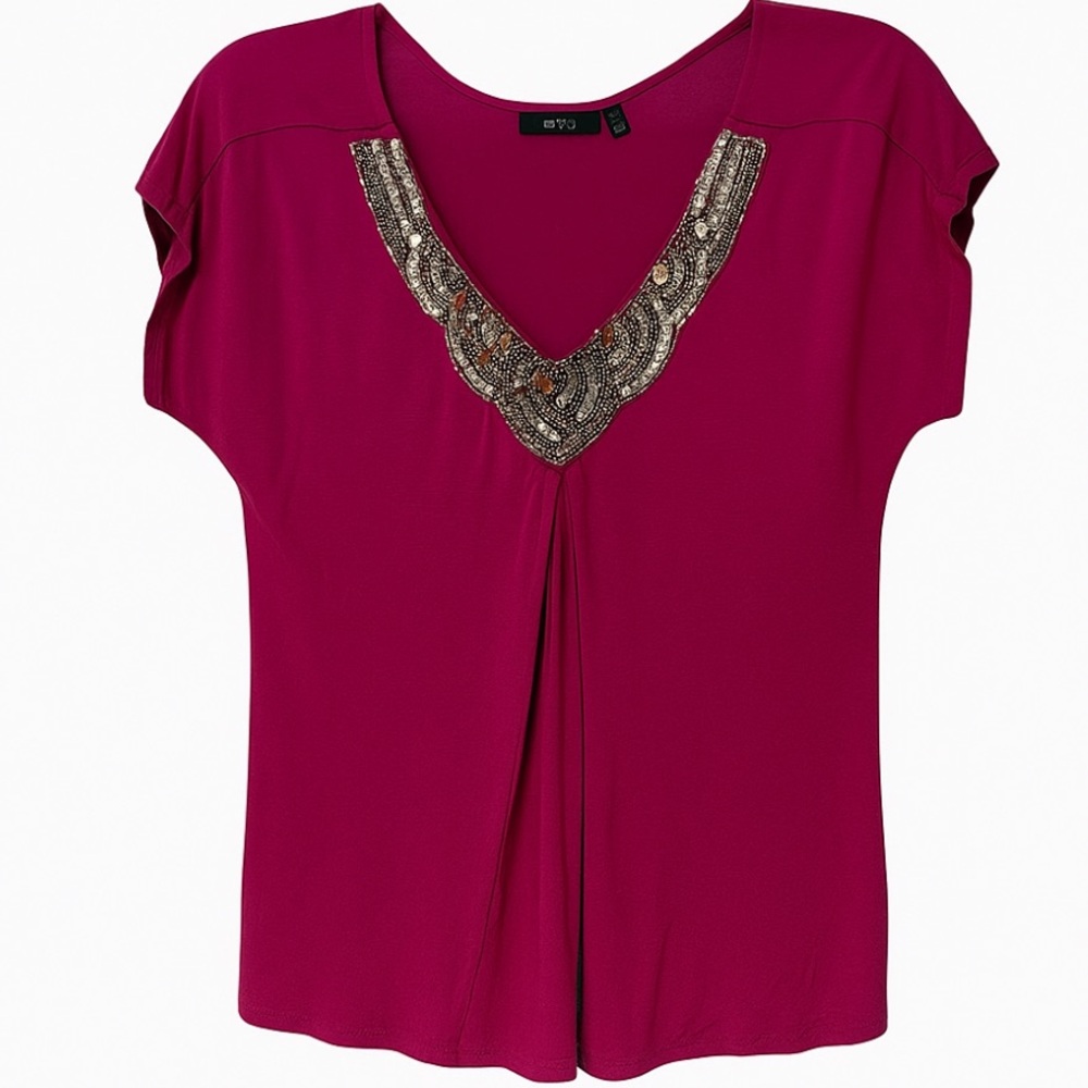 Apt. 9 Fuchsia Pink Sequin V-Neck Top Blouse Size L Pleated Front Festive - Picture 2 of 9
